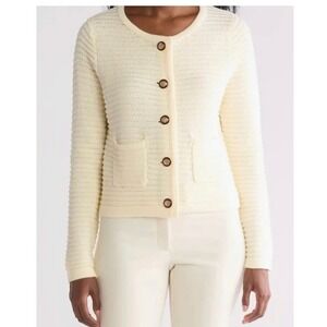 Gemma + Jane Margaux Cream Textured Ribbed Cardigan Jacket Gold Crest Buttons L